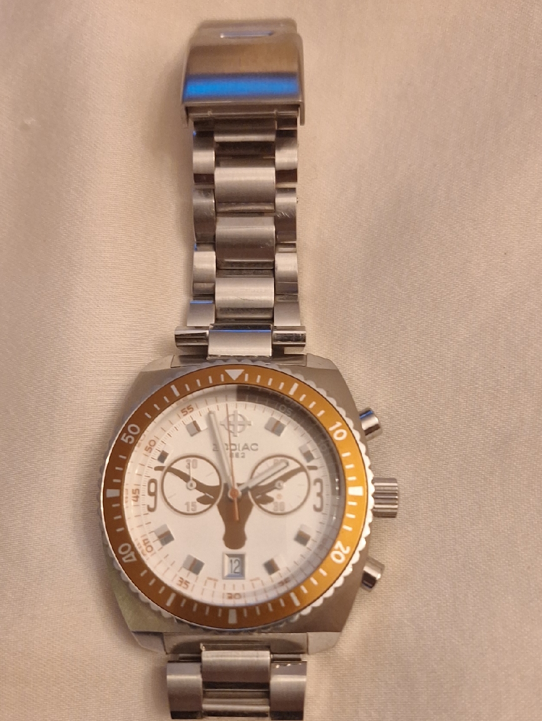 Vintage Zodiac Stainless Steel Watch With GoldTone Bezel And White Dial